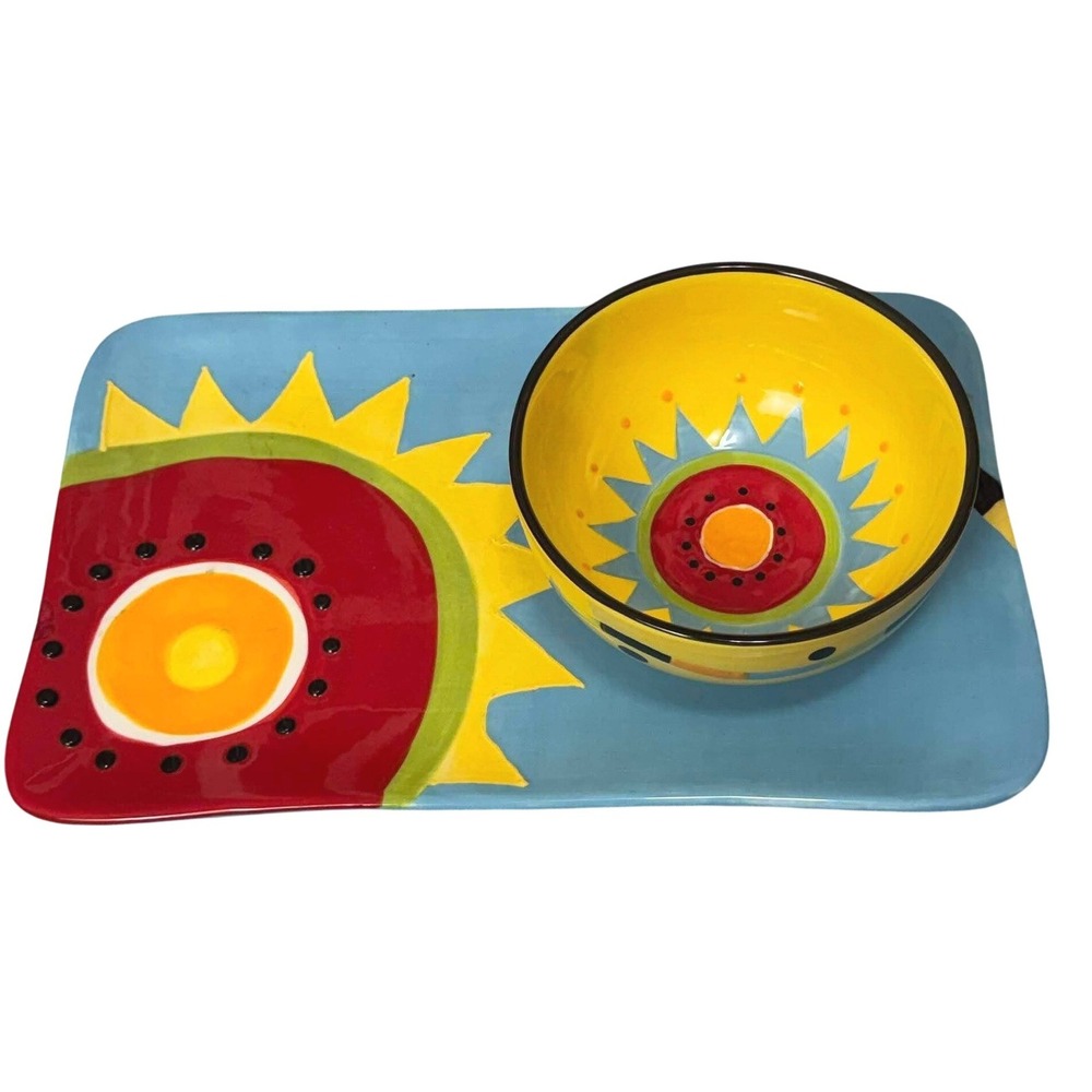 Bella Casa by Ganz Ceramic Sun Platter and Bowl Set Yellow Red Blue Hand Painted